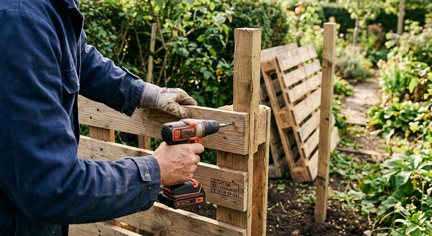 Fixation d'une palette en bois sur un piquet d'angle pour monter la structure du composteur