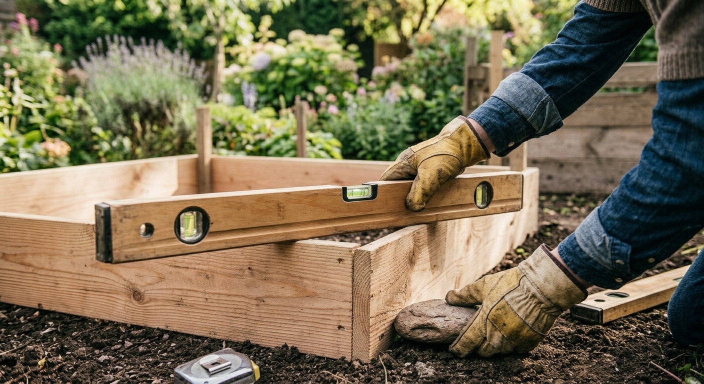 Vérification du niveau d'un carré potager surélevé