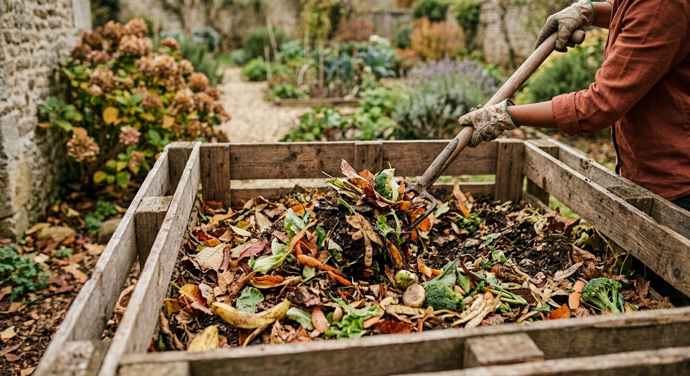 Composteur en bois terminé et en service au jardin