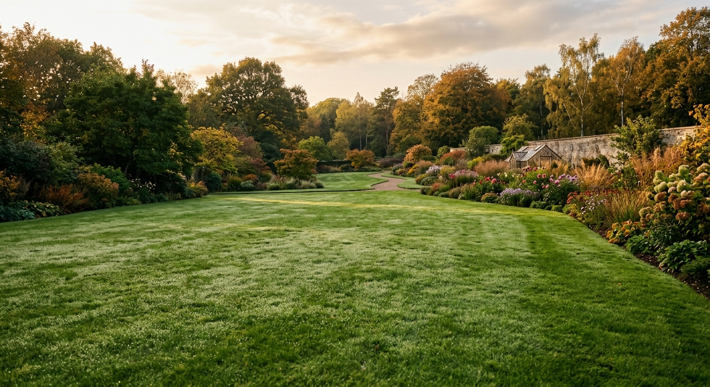 Gazon vert et dense après regarnissage et entretien d'automne