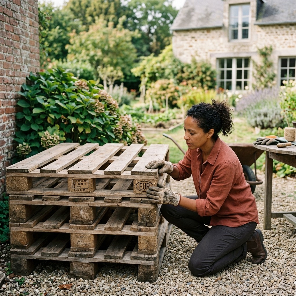 Tri de palettes en bois avant découpe pour la fabrication du composteur