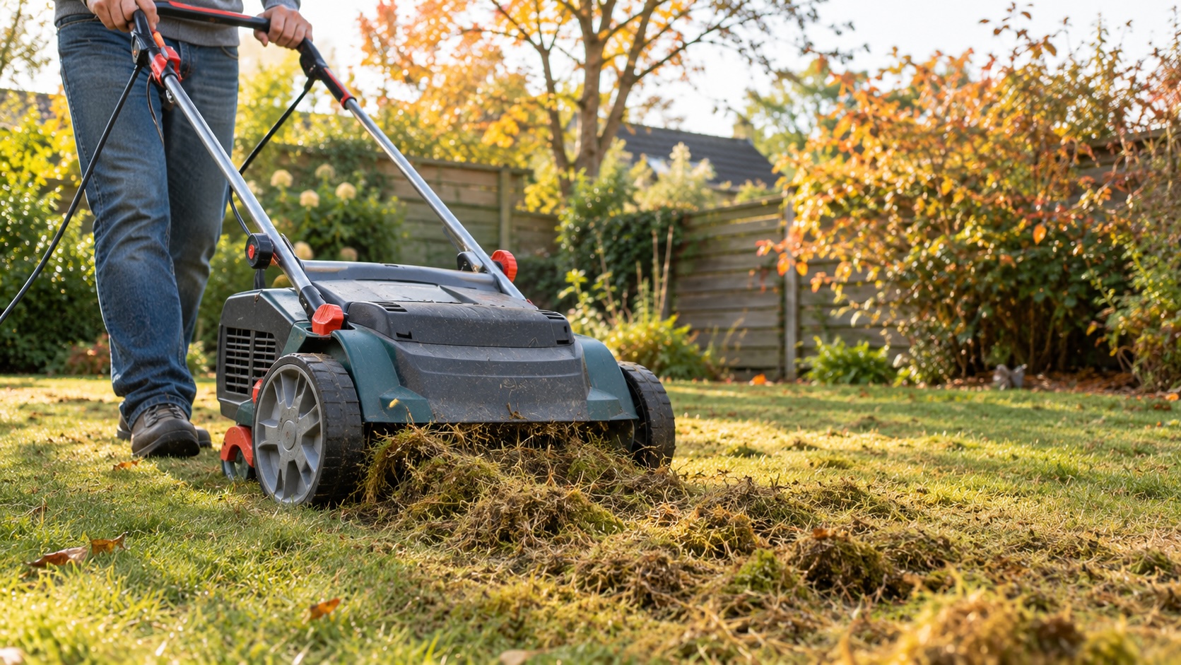 Scarification du gazon avec un scarificateur électrique, feutre et mousse retirés